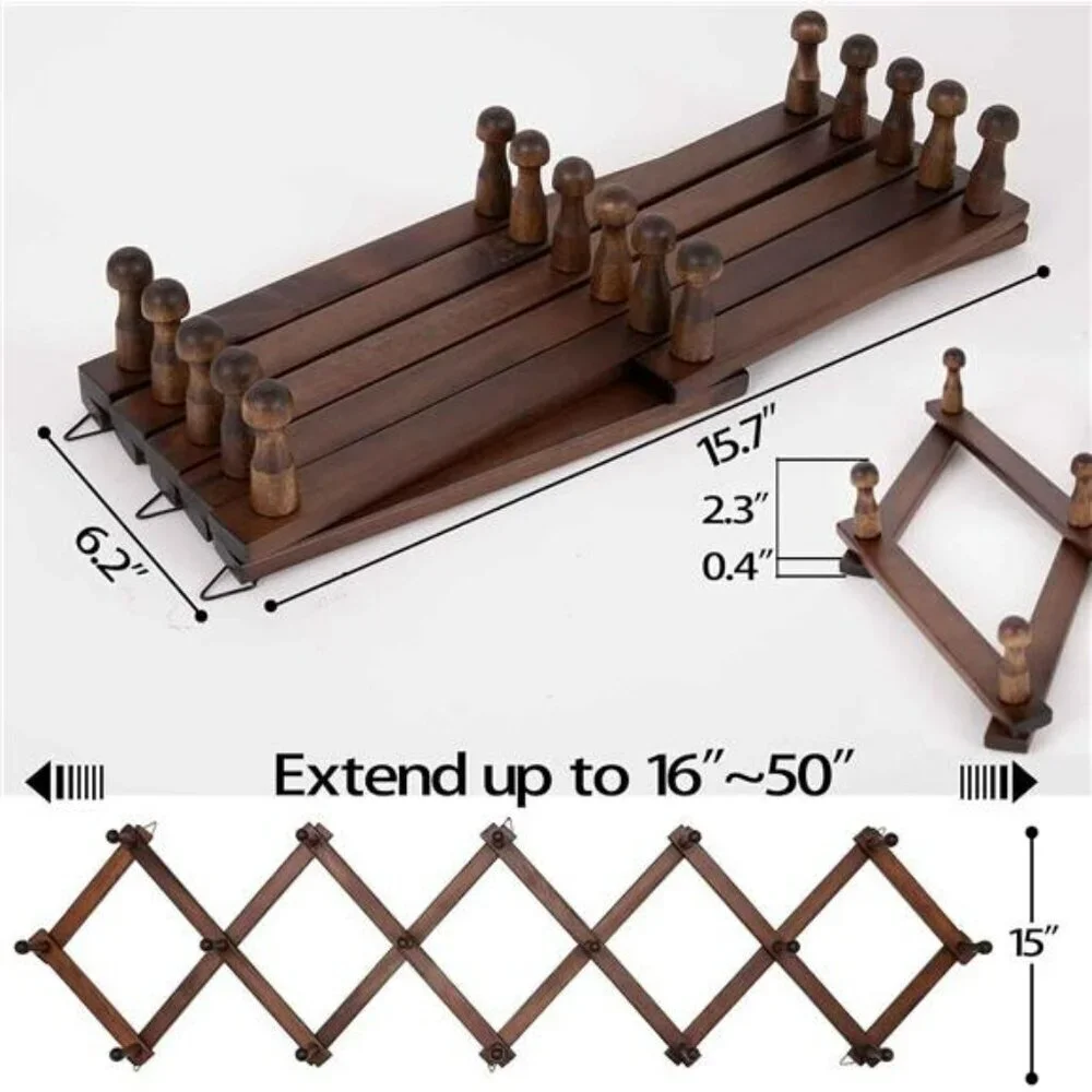 Expandable Hat Rack Wall Mount Wooden Hat Holder 16 Hooks Baseball Caps Bags